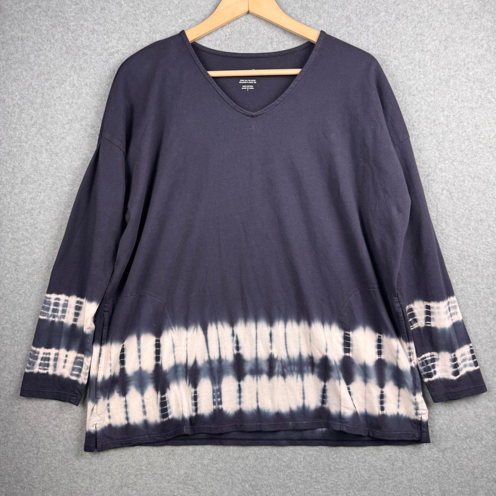 J. Jill Pure Jill Top Womens Small Blue Tie Dye Relaxed V Neck Tee 100% Cotton